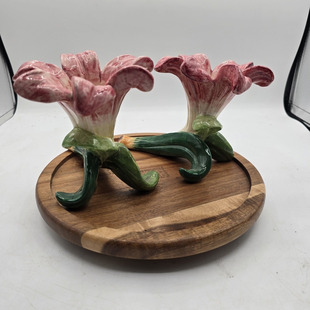 Italian Pottery Floral Vase Pair 1957 Peasant Village PV Italy Signed